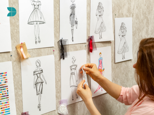 Several fashion sketches can be seen on the wall, the fashion designer may be picking the best designs for an event, collection or fashion show. 